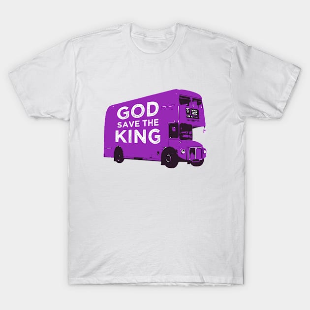 God save the King on a purple London bus T-Shirt by TompasCreations